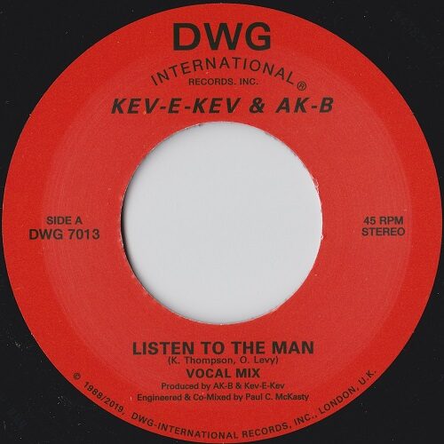 Kev E Kev & AKB 7" repress single side A label - Listen to the man